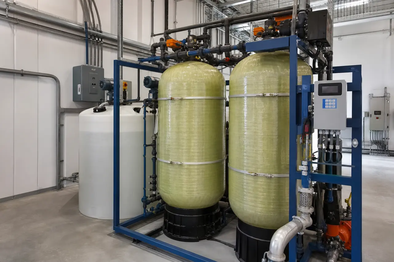 Illustration of a commercial deionization water-treatment system