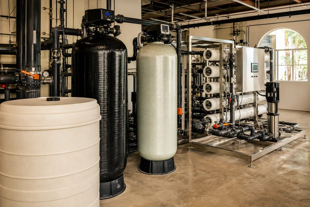 Commercial water treatment equipment in a facility mechanical room