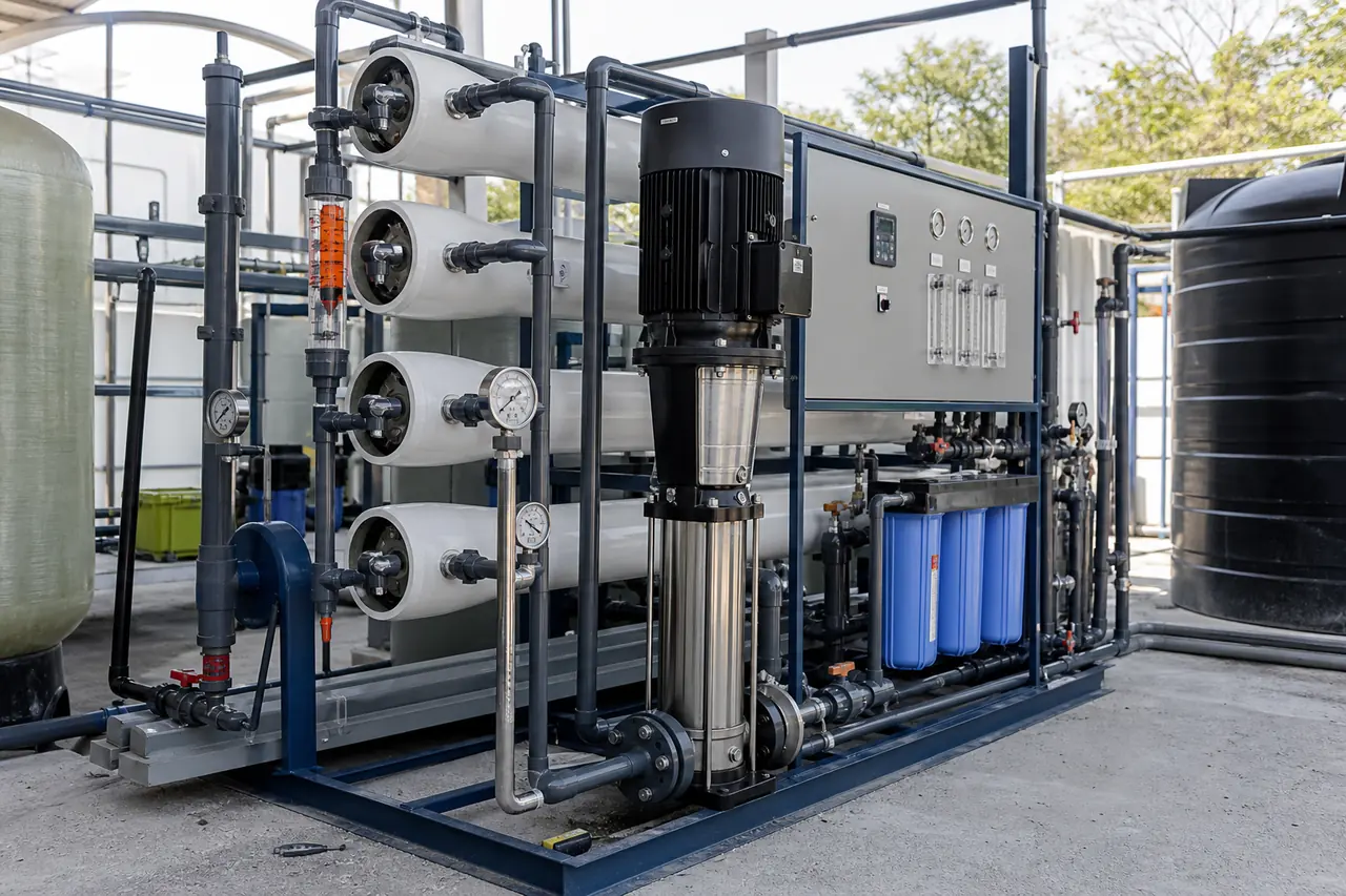 Illustration of a commercial reverse-osmosis system with treatment stages