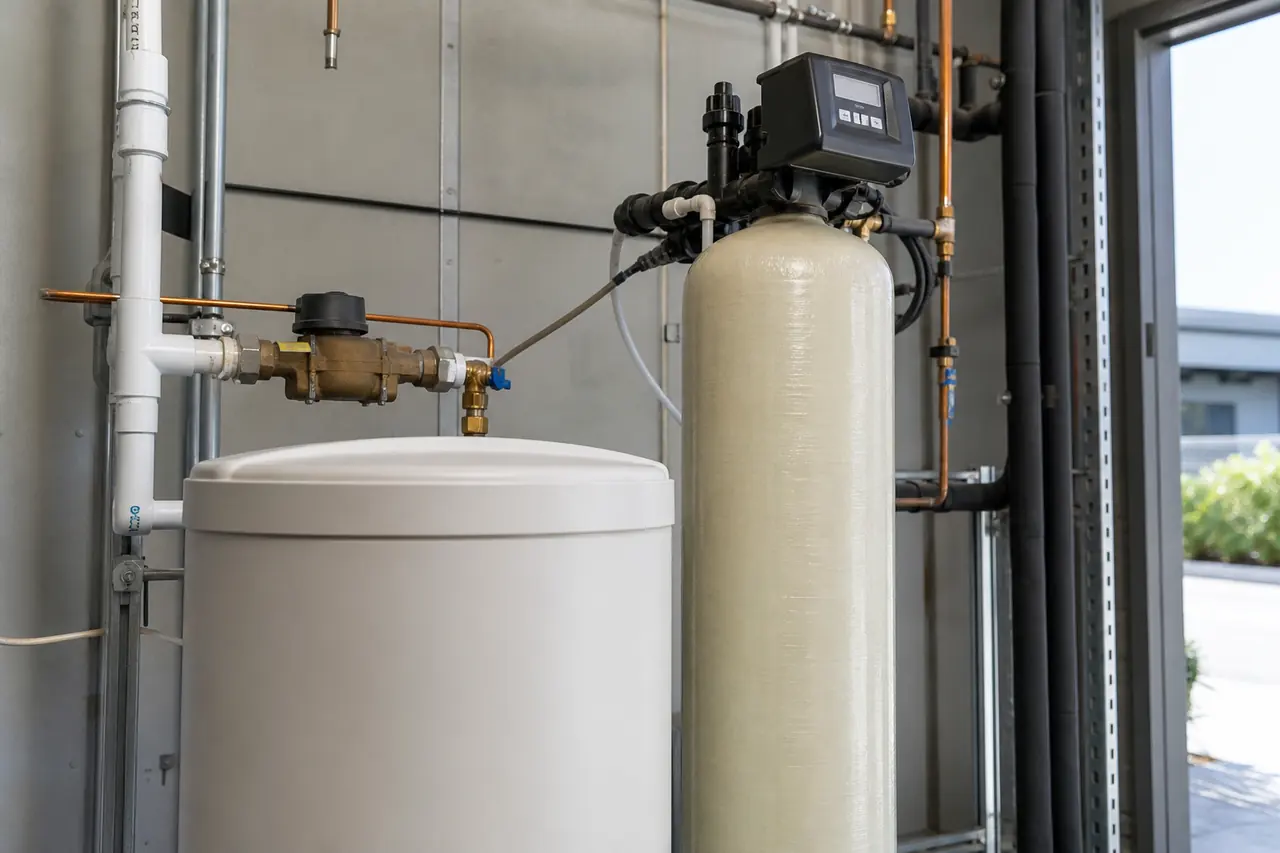 Commercial water softener vessel and resin-treatment illustration